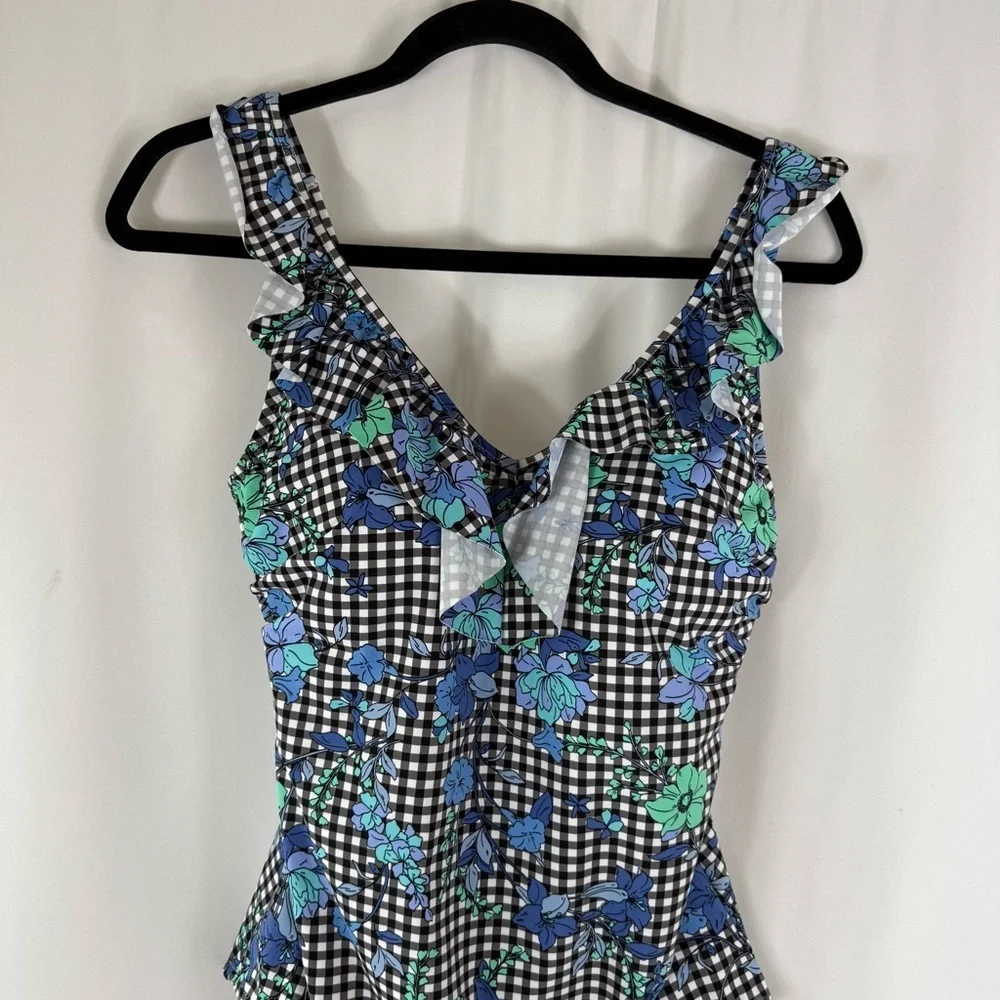 Lands' End Blue Floral Checkered one piece Swimsuit size: 10